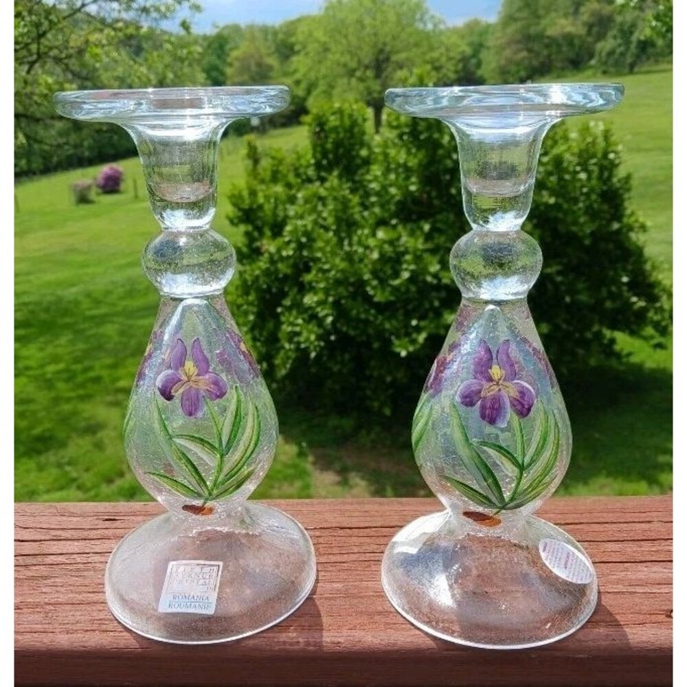 Fifth Avenue Crystal Pillar / Taper Candle Holders Set Iris Floral Crackle Glass